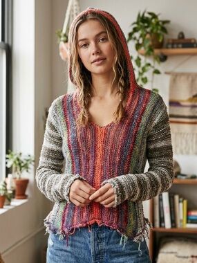 Free People Multicolor Knit Hooded Sweater